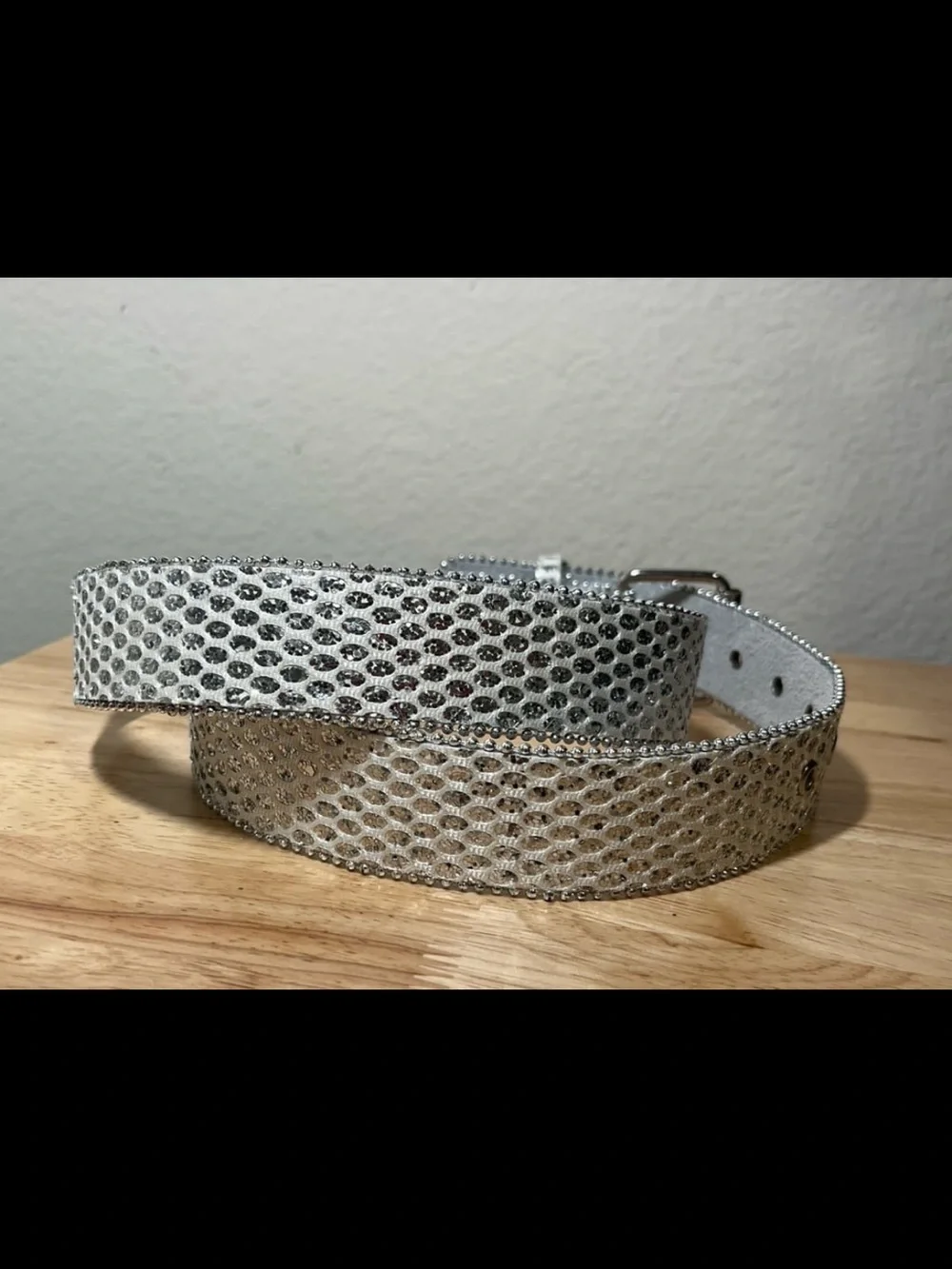 Y2K Mudd White Leather Bling Belt Glitter Zipper Edge Women’s XL